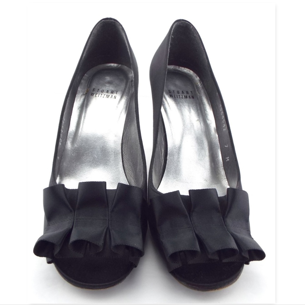 Stuart Weitzman Black Satin Ruffle Peep Toe Heel Pumps 7